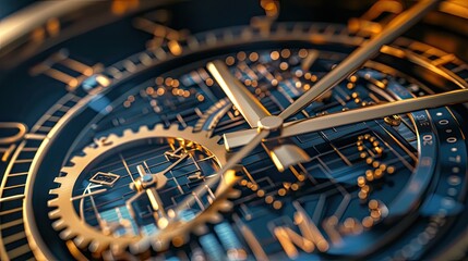 A close-up of a mechanical clock with its hands moving over a dial made of financial charts emphasizing time management in business