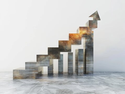 A conceptual image of a staircase made of rising stock bars inviting steps toward financial success