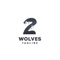 Two heads of wolves as a negative space in the number 2 Logo Icon Design Symbol Template Flat Style Vector