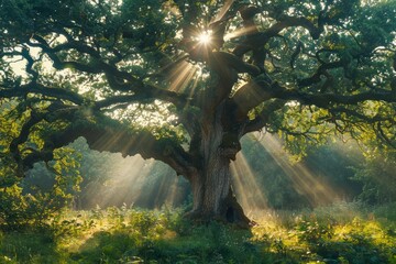 Majestic Ancient Tree Bathed in Sunlight with Rays Piercing Through Lush Forest Canopy