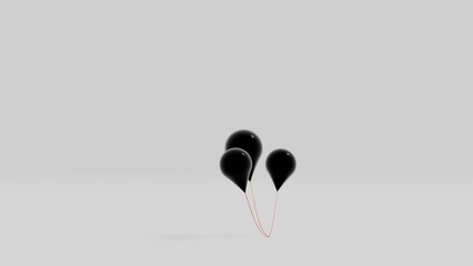 3 black balloons and its shadow in a white room (3D Rendering)