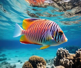 Naklejka na ściany i meble A colorful fish swimming in the ocean near coral reefs. Generative AI.
