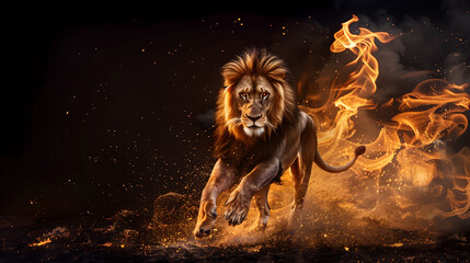 lion on the fire running with black background