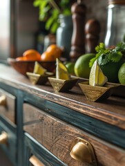 A wooden counter with a bowl of limes and some other citrus fruits. Generative AI.
