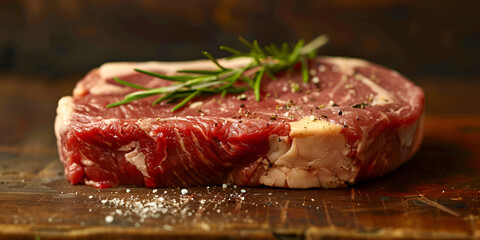 Beef rib slices on wooden board with herbs and spice on wooden background