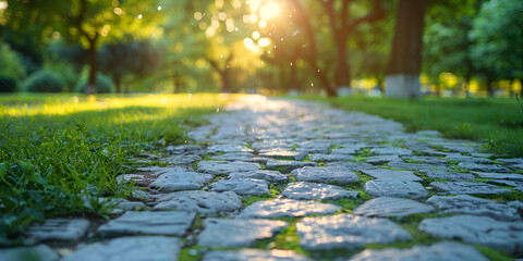 Garden path paving stones and grass footpath curve palm tree landscaped with sun light background