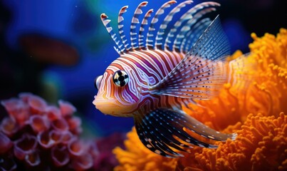 A lionfish swimming in an aquarium with colorful corals. Generative AI.