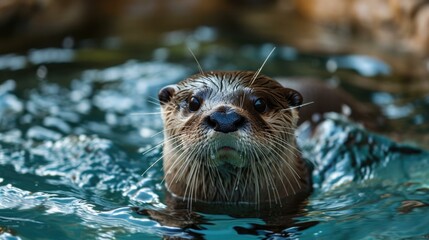 A close up of an otter swimming in a pool. Generative AI.