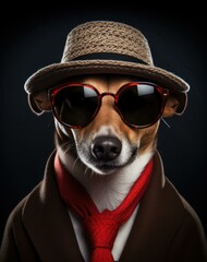 A dog wearing a hat, sunglasses and tie with red scarf. Generative AI.