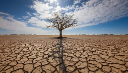 A solitary tree standing tall amidst a field of dried cracked mud, harsh conditions, lone tree on the cracked ground, the earth has dried up, climate change