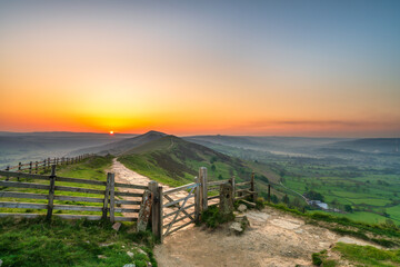 The Great Ridge at sunrise. Mam Tor hill panorama in Peak District. United Kingdom  - 776698988