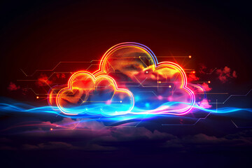 Obraz premium Neon abstract illustration of flaming cloud and blue information wave, internet data web storage symbol