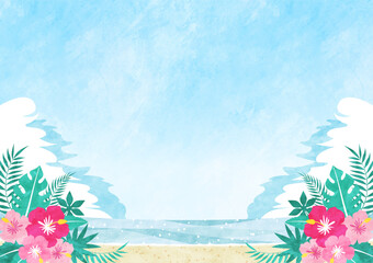 夏の海の水彩背景フレーム ハイビスカスと青空のビーチの風景イラスト