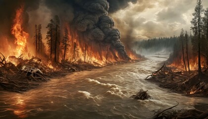 Climate change showing natural disasters, floods and forest fires. Global warming concept - obrazy, fototapety, plakaty