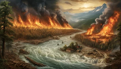 Foto op Aluminium Climate change showing natural disasters, floods and forest fires. Global warming concept © LilithArt