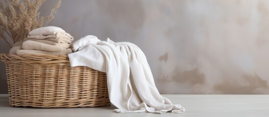 A basket containing neatly folded towels is seen up close, along with a green potted plant placed inside the basket