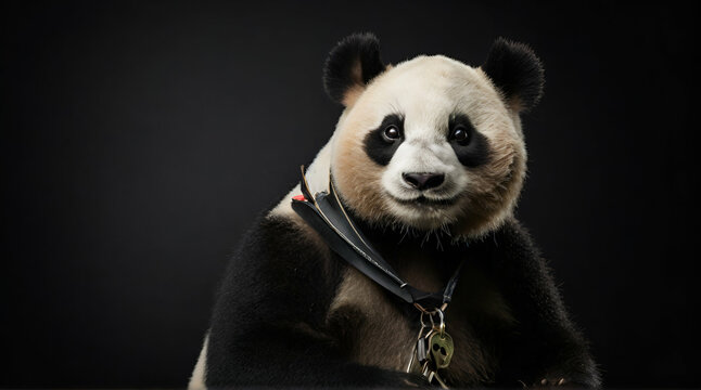 portrait of a panda bear, photo studio set up with key light, isolated with black background.generative.ai