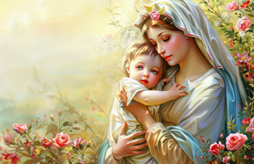 A beautiful painting of the divine mother Mary holding baby Jesus in her arms
