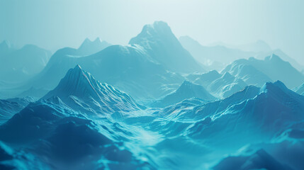 3D render of a cyan blue abstract landscape with flowing water and mountains made from glowing particles