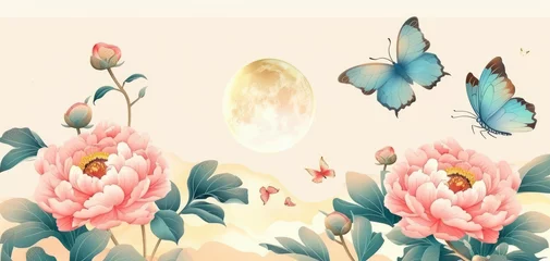 Rideaux velours Papillons en grunge Chinese style illustration, pink peonies and blue butterflies flying in the sun, vector illustrations with simple lines in the style of flat design on a golden background