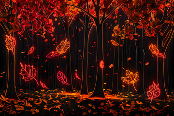 Forest scene with falling autumn leaves in neon isotated on black background.