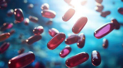 Healthcare and medical, pharmacy and medicine, antidepressant and vitamin concept. Group of 3d pills and medicine capsules flying in the sunny cloud sky. Close-up of painkillers in motion dynamics	
 - obrazy, fototapety, plakaty
