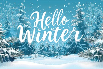 Wintry Charm of "Hello Winter" in Icy Blue Letters Encased in Snowflakes