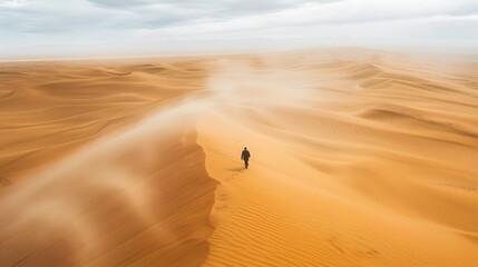 Fototapeta na wymiar Solitary Figure Traversing the Vast,Windswept Desert Dunes - A Journey of Solitude and Contemplation