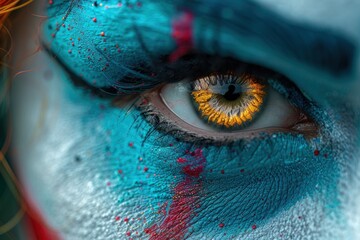 Close-up of a clown's eye with intricate makeup and vivid colors