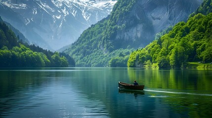 Lone Boatman Navigating Serene Alpine Lake Amidst Towering Mountains and Lush Forests - obrazy, fototapety, plakaty