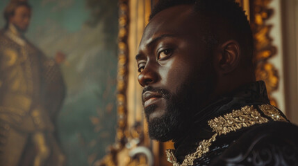 A majestic black man gazes confidently into the distance portraying the commanding presence and dignified demeanor of a royal leader in this portrait. . - obrazy, fototapety, plakaty