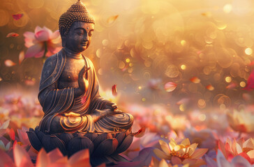 glowing buddha meditating in nature with glowing heaven light - obrazy, fototapety, plakaty