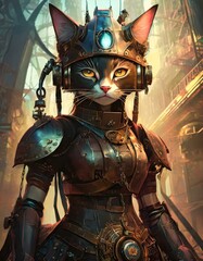 スチームパンク世界の猫の女性騎士