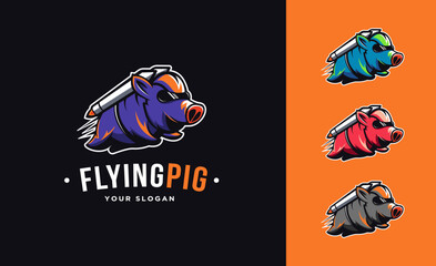 Flying rocket pig mascot cartoon logo icon vector illustration on black white background