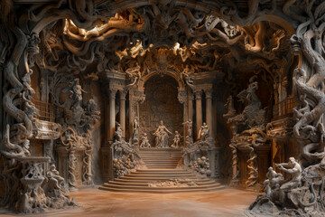 Craft a surreal depiction of Satan holding court in a grand presentation hall adorned with twisted architecture and grotesque statues, as he weaves a web of deceit and temptation - obrazy, fototapety, plakaty