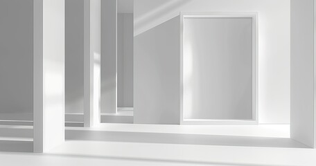 white scale simplistic architecture with a square frame on the right side. Realistic lights and shadows