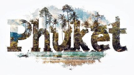 Phuket Typography with Tropical Island and Beach Scenery
