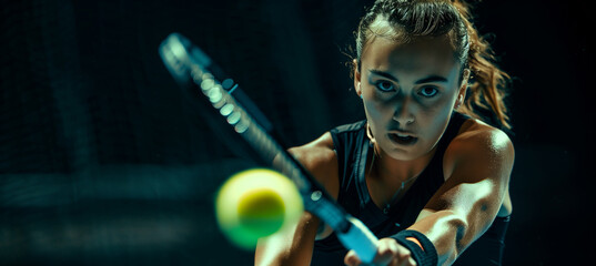 Intense female tennis player in action with focused gaze on dark background - obrazy, fototapety, plakaty