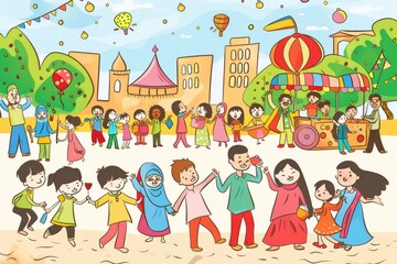 Cartoon cute doodles of families enjoying a colorful Eid parade with floats, music, and dancing in the streets, Generative AI