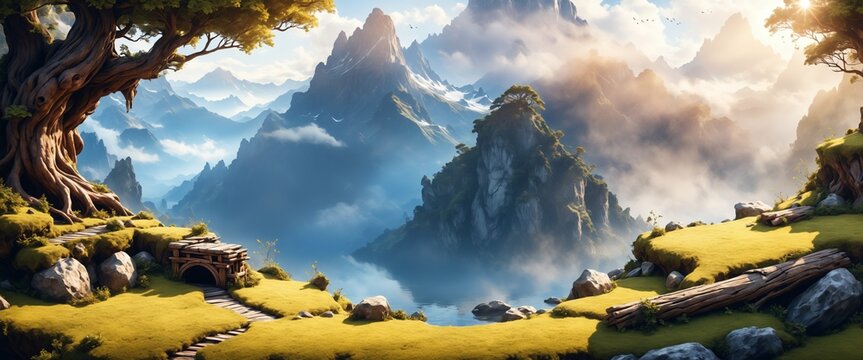 Mountain Landscape with Mystical Fog and Lush Forest -- Banner with Copy Space Background Wallpaper