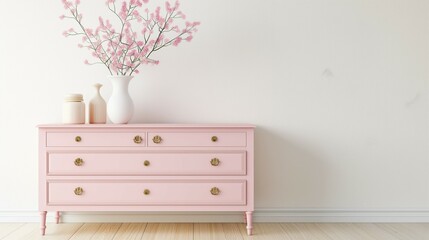 Blank interior wall background for frame, painting, poster, canvas picture, pink chest of drawers, home interior, 3D render