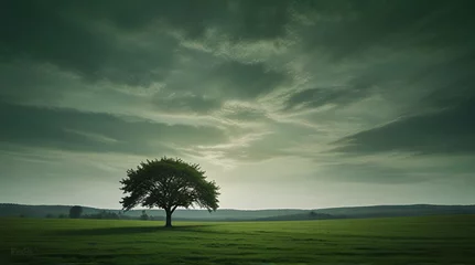 Rolgordijnen Lonely tree in abstract green landscape and green wavy sky copy space  .Generative AI © ourhome