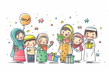 Cartoon cute doodles of friends and family members exchanging colorful Eid greetings cards and gifts, Generative AI