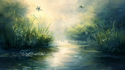 A lazy summer river flanked by banks of reeds and rushes, with dragonflies hovering above the water. Emphasize an impressionistic style - obrazy, fototapety, plakaty