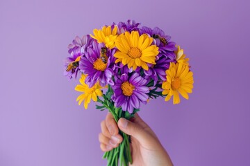 Hand holding a bouquet of purple and yellow flowers with bees, set against a purple background, showcasing a vivid contrast and fresh spring feel.