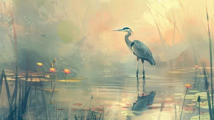 Foto op Canvas A majestic heron standing in a calm pond, surrounded by water lilies and tall reeds, under a tranquil, pastel sky. Emphasize an impressionistic style © เอิร์ท เด็กอ้วนฟาร์ม