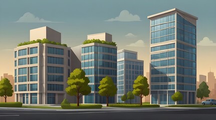 Fototapeta na wymiar Four cartoon office vector buildings with trees .Generative AI