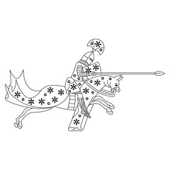 Medieval knight riding with spear on a horse. Lancelot. Illuminated manuscript design. Black and white linear silhouette.