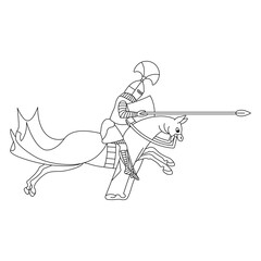 Medieval knight riding with spear on a horse. Lancelot. Illuminated manuscript design. Black and white linear silhouette.