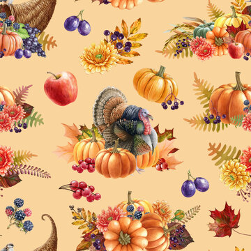 Thanksgiving decor elements seamless pattern. Watercolor illustration. Autumn floral festive decor from cornucopia, pumpkin, turkey, fallen leaves, fruit. Thanksgiving vintage seamless pattern